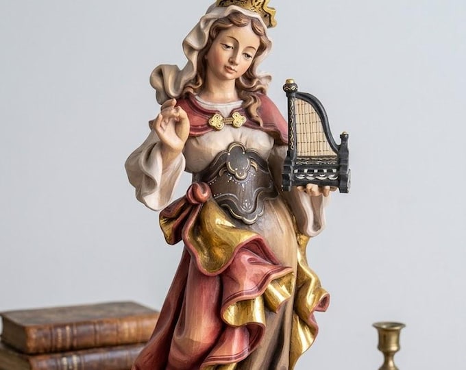 Statue of Saint Cecilia with organ, carved in Valgardena wood and hand-decorated, Italian artisan production, various sizes