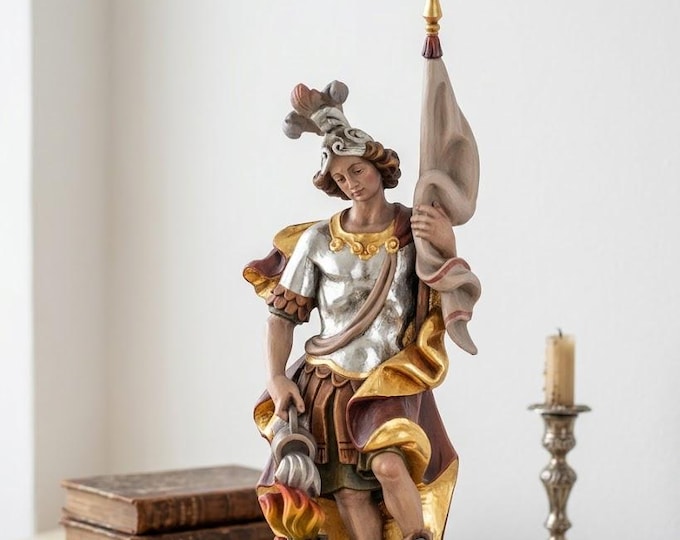 Statue of Saint Florian, carved in Valgardena wood, hand-decorated, Italian artisan production, various sizes