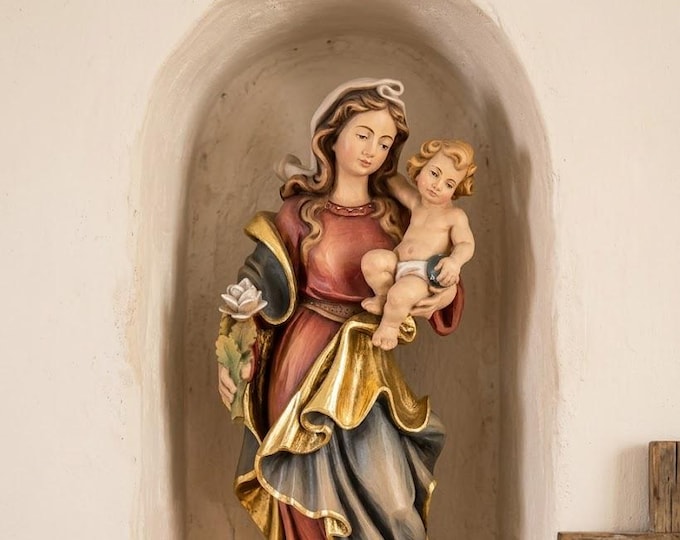 Statue of the Madonna with baby Jesus, carved in Valgardena wood, hand-decorated, Italian artisan production, various sizes