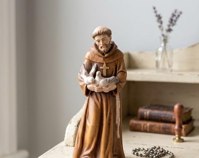 Statue of Saint Francis of Assisi 12 cm (4.7 inches) carved in Valgardena wood and hand decorated, Italian artisan production