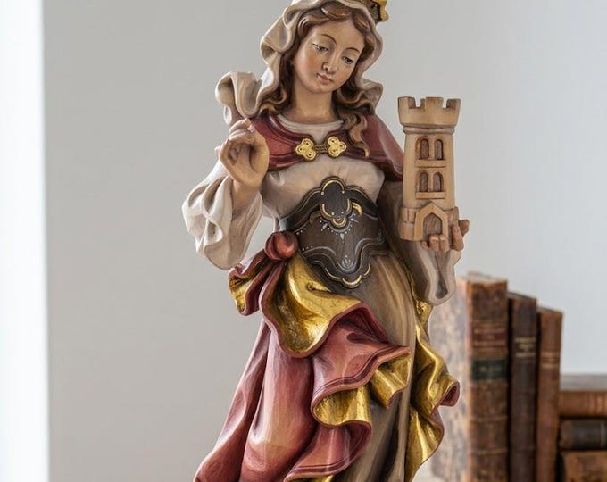 Statue of Saint Barbara carved in Valgardena wood and hand-decorated, Italian artisan production, various sizes