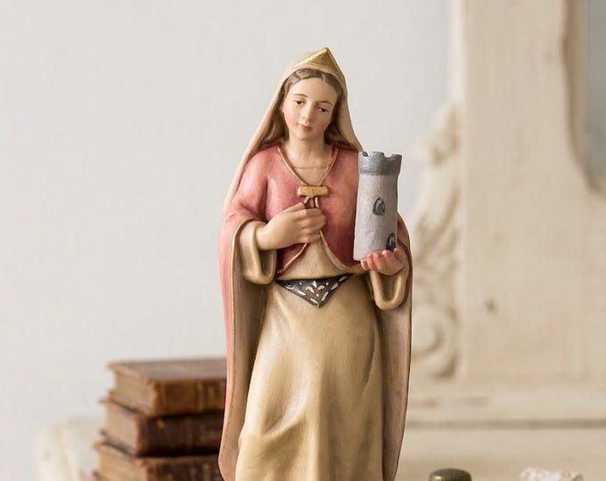 Statue of Saint Barbara 12 cm (4.7 inches) carved in Valgardena wood and hand decorated, Italian artisan production