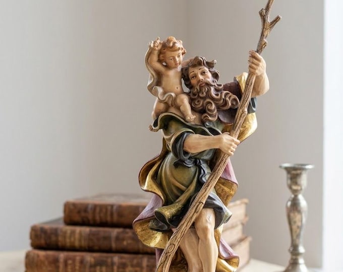Statue of Saint Christopher, carved in Valgardena wood, hand-decorated, Italian artisan production, various sizes