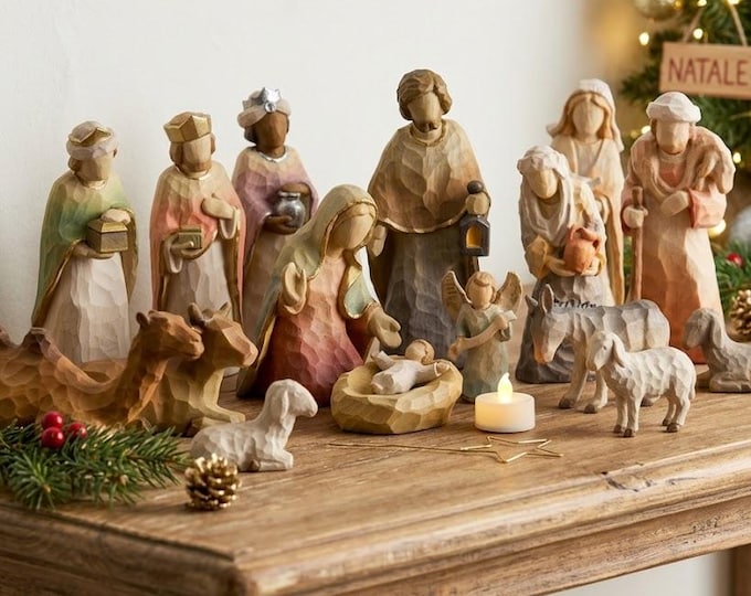 Complete 20-piece nativity scene carved from Valgardena wood, hand-decorated, various sizes, Italian artisan production