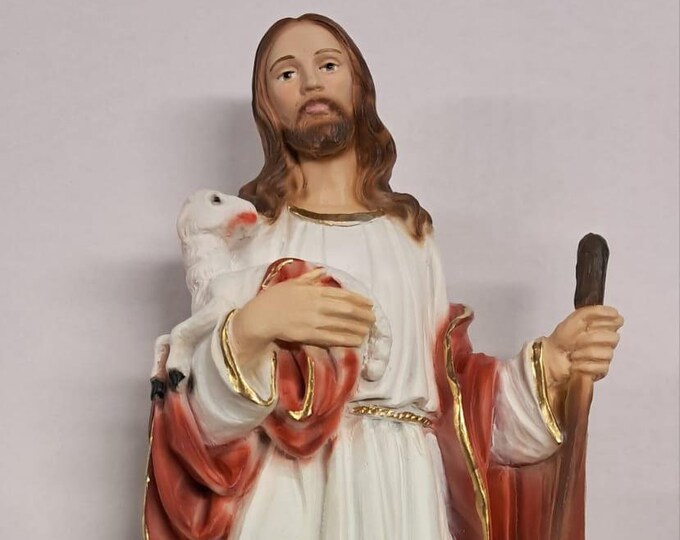 Statue of Jesus the Good Shepherd cm 30 (11.81 inches) in marble resin hand decorated, Italian artisan production