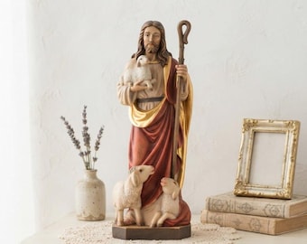 Statue of Jesus the Good Shepherd, carved from Valgardena wood and hand-decorated, Italian artisan production.