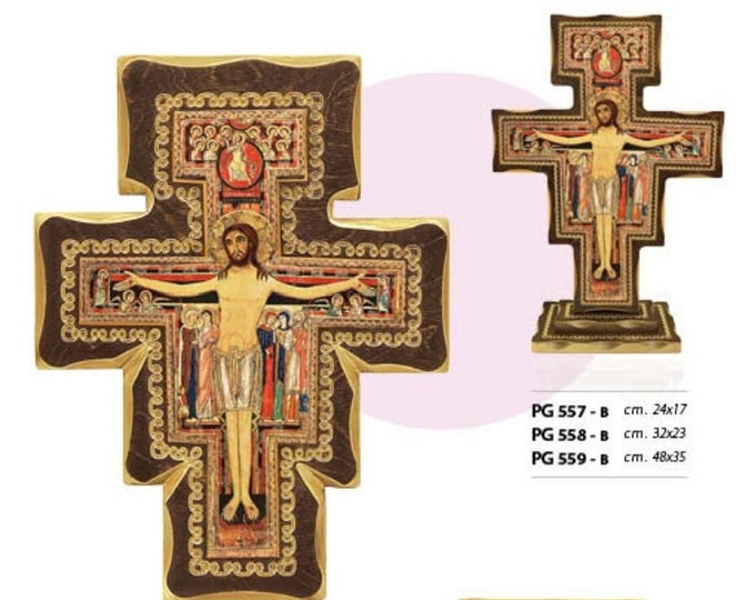 Crucifix cross of San Damiano to hang or to support, in relief, made of wood of Italian artisan production various sizes