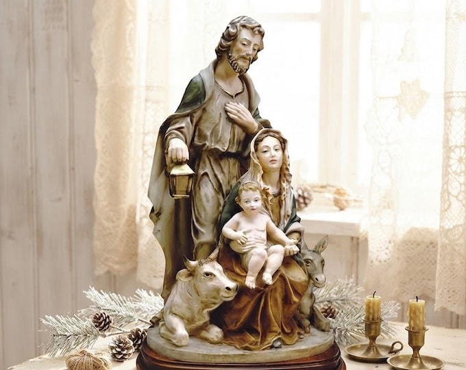 Nativity statue, Holy Family cm 45 (17.71 inches) made of alabaster powder, wooden base, hand decorated, made in Italy