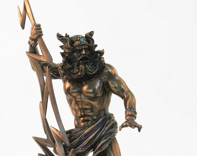 Classical sculpture of Zeus with lightning, 28 cm (11.02 inches) in bronzed resin marble, handcrafted, made in Italy