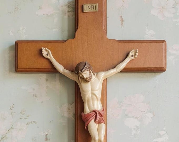 Crucifix with holy water font, made of birch wood, various sizes available, handcrafted in Italy