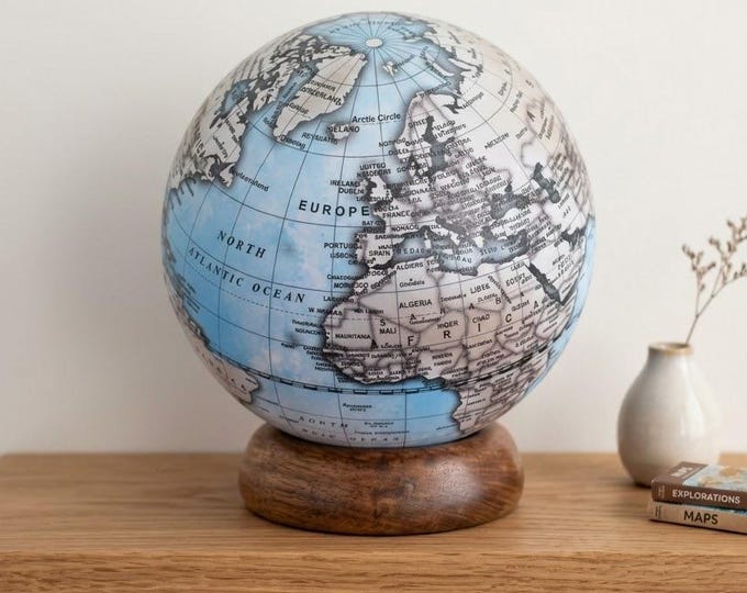 World Map, Globe with detachable wooden base, height 17 cm (6.69 inch) diameter 15 cm (5.90 inch), handcrafted