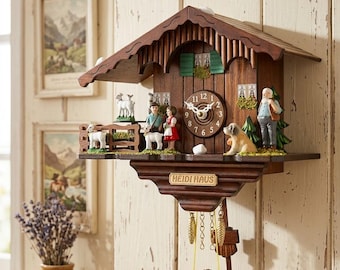 Carved wooden cuckoo clock "Cuculino Heidi", Alpine chalet 16 cm (6.30 inch) handcrafted in Italy