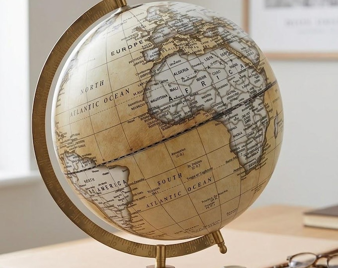 World Map, Globe with wooden base, height 41 cm (16.14 inch) diameter 25 cm (9.84 inch), handcrafted