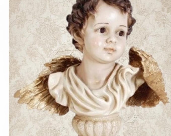 Angel statue on capital cm 38 x 14.50 (14.96 x 5.70 inches) in hand-decorated resin, artisanal production for outdoor and indoor use.