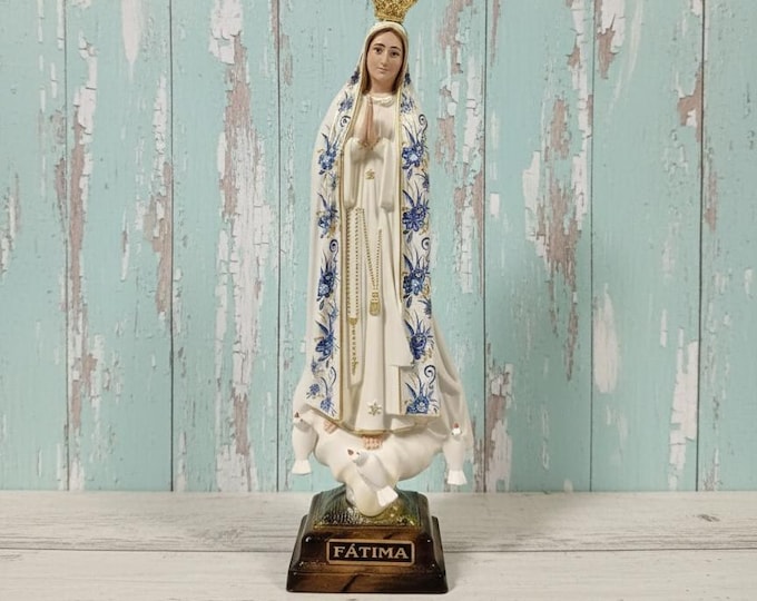 Statue of Our Lady of Fatima in glass resin, 28 cm (11.02 inches) hand-decorated with floral finish, artisanal production