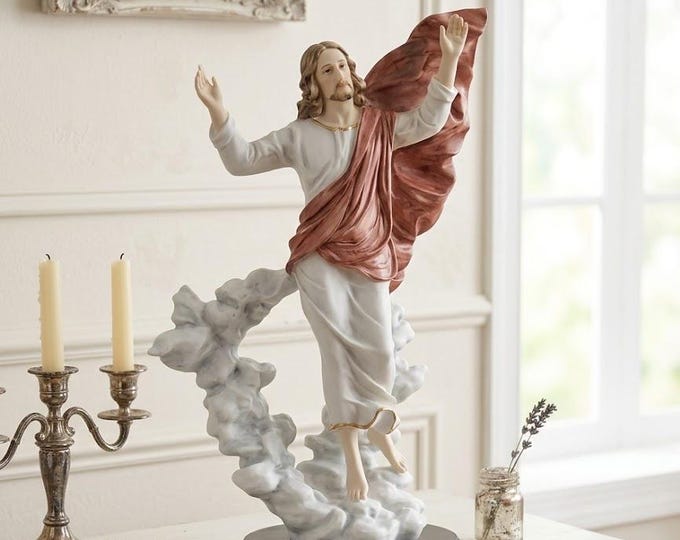 Statue of the Transfiguration of Jesus, 51 cm (20.07 inches) in alabaster powder, wooden base, hand decorated, made in Italy