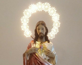 Sacred Heart Jesus statue cm 30 (11.81 inches) with luminous halo, in marble resin pearl decoration, handcrafted in Italy