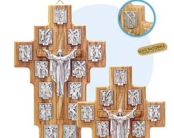 Crucifix with stations of the Via Crucis in national olive wood wall or support, of Italian artisan production