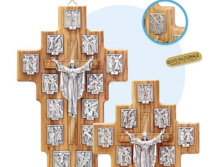 Crucifix with stations of the Via Crucis in national olive wood wall or support, of Italian artisan production