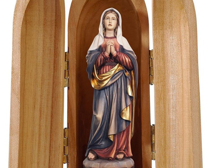Statue of the Madonna Maria under the cross with niche, carved in valgardena wood decorated by hand of Italian production