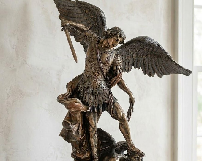 Sculpture of Saint Michael the Archangel, 75 cm (29.52 inches) in bronzed resin marble, handcrafted in Italy