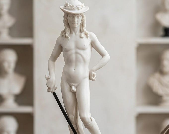 Classical sculpture "David by Donatello", 48 cm (18.89 inches) in alabaster powder, marble base, handcrafted, made in Italy
