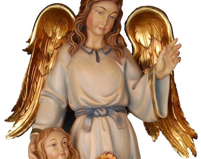 Guardian angel with little girl carved in Valgardena wood and decorated by hand, of Italian artisan production, various sizes available