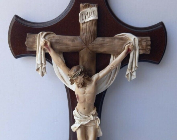 Cross crucifix, cm 51 x 28,5 (20,07 x 11,22 inches) wood with body in resin marble decorated by hand of artisan production