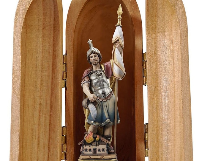 Statue of San Floriano with niche, carved in Valgardena wood and hand-decorated, of Italian artisan production