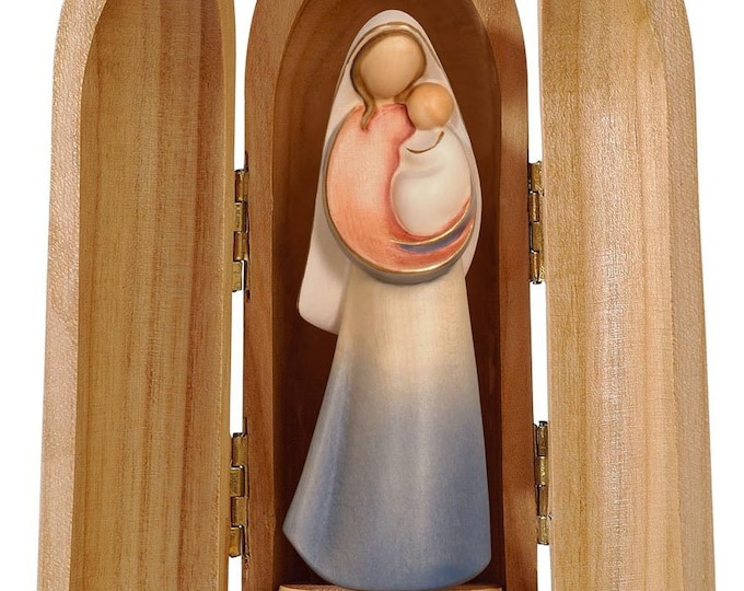 Statue of the Madonna with child in niche, carved in Valgardena wood, hand decorated, made in Italy