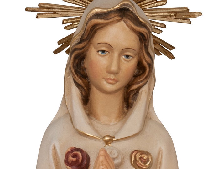 Statue of the Madonna Maria Rosa Mystica carved in Valgardena wood and hand-decorated, of Italian artisan production