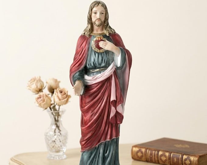 Statue of the Sacred Heart of Jesus, 40 cm (15.74 inches) in alabaster powder, wooden base, hand-decorated, made in Italy