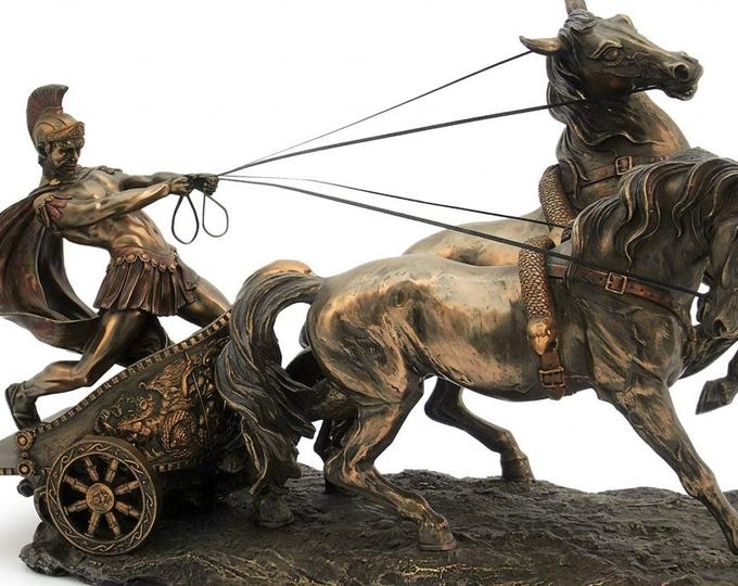 Classical sculpture of Ben Hur on a Roman chariot, 42 cm (16.53 inches) in bronzed resin marble, handcrafted, made in Italy