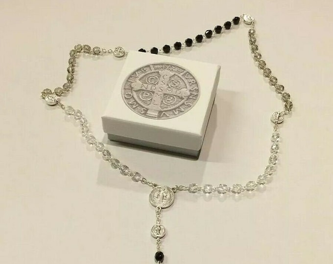Rosary of Saint Benedict of Norcia 46 cm in half crystal with deluxe case of Italian artisan production