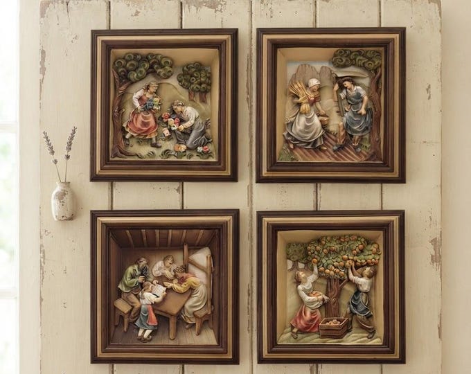 Set of 4 "Four Seasons" bas-reliefs with frame, carved in Valgardena wood, hand-decorated, Italian artisan production
