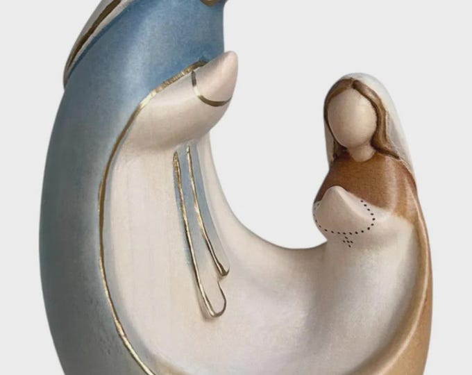 Statua Madonna con Bernadette moderna scolpita in legno della Valgardena decorata a mano produzione artigianale italiana varie misure