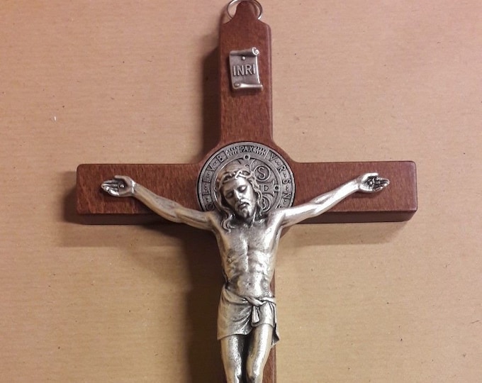 Crucifix of Saint Benedict of Norcia, in beech wood and silver metal, handcrafted in Italy