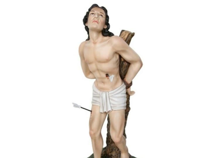 Statue of Saint Sebastian cm 60 (23.62 inches) in hand-decorated resin, painted or glass eyes, handcrafted in Italy