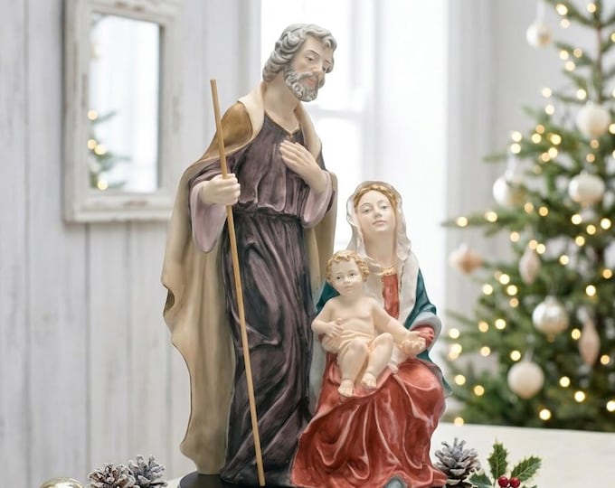 Nativity statue, Holy Family cm 45 (17.71 inches) made of alabaster powder, wooden base, hand decorated, made in Italy