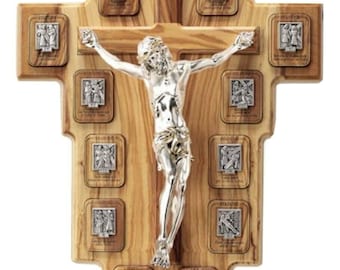 Crucifix with stations of the Via Crucis in national olive wood cm 52 x 31 (20.47 x 12.20) of Italian artisan production