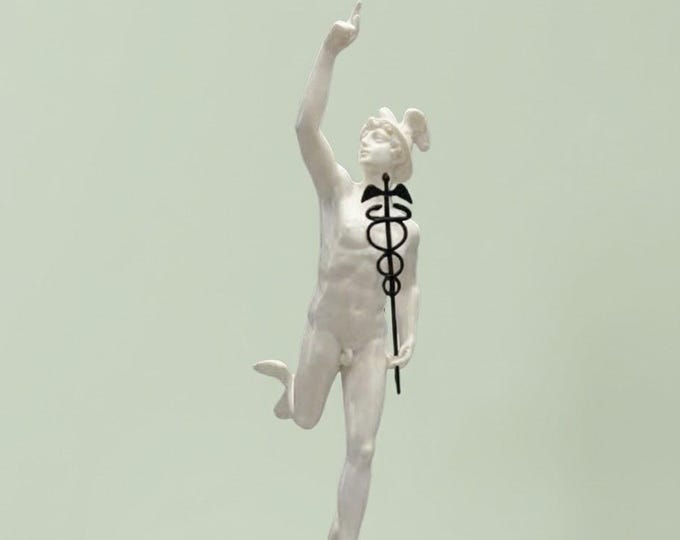 Classical sculpture "Mercury by Giambologna", 39 cm (15.35 inches) in alabaster powder, marble base, handcrafted, made in Italy
