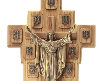 Crucifix with stations of the Via Crucis in national olive wood cm 55 x 31 (21.65 x 12.20) of Italian artisan production