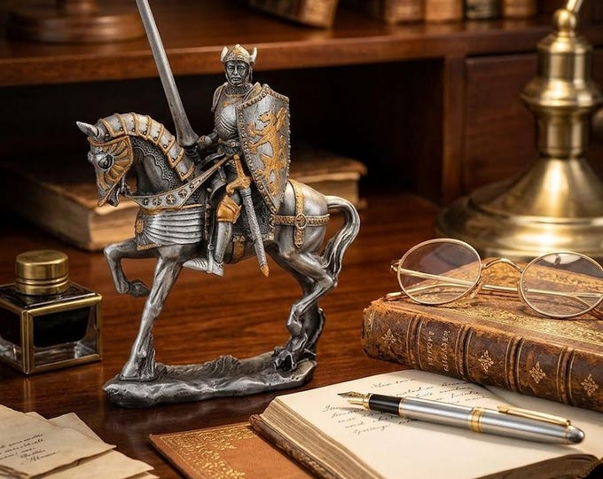 Classical sculpture Knight with lance and shield 13 cm (5.11 inches) in solid pewter, hand decorated, made in Italy