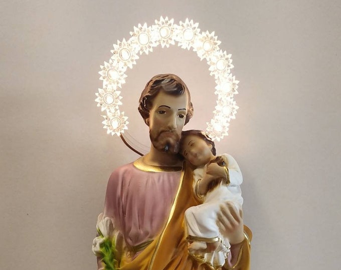 Statue of Saint Joseph cm 40 ( 15,74 inches) with luminous halo in hand-decorated resin marble of Italian artisan production