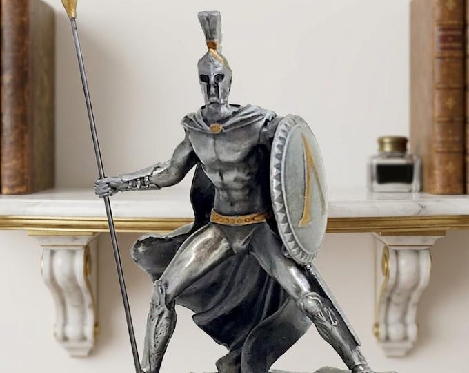Classical sculpture of Leonidas, 12 cm (4.72 inches) in solid pewter, hand-decorated, artisanal, made in Italy