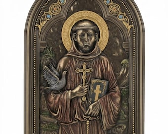 Icon sculpture of Saint Francis of Assisi, 15 x 23 cm (5.90 x 9.05 inches) in bronzed resin marble, handcrafted in Italy