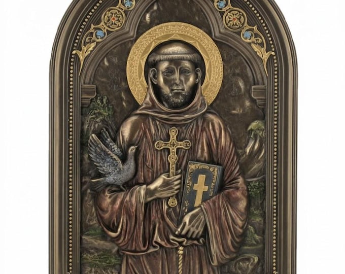 Icon sculpture of Saint Francis of Assisi, 15 x 23 cm (5.90 x 9.05 inches) in bronzed resin marble, handcrafted in Italy