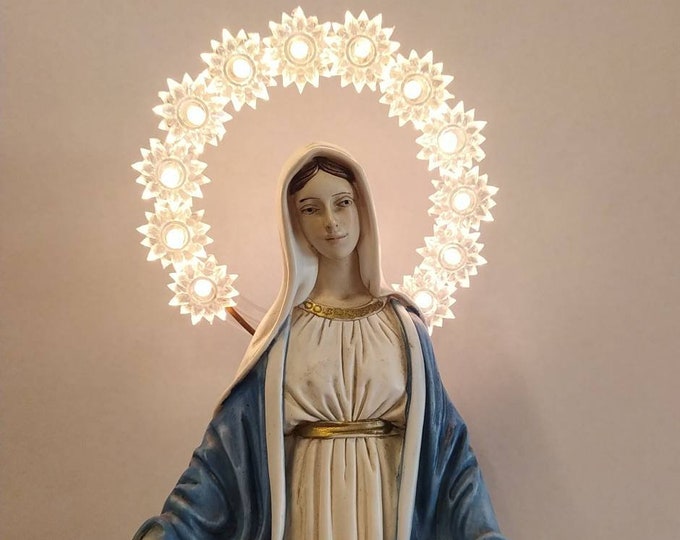 Miraculous Madonna statue cm 30 (11.81 inches) with luminous halo, in hand-decorated resin marble, Italian artisan production