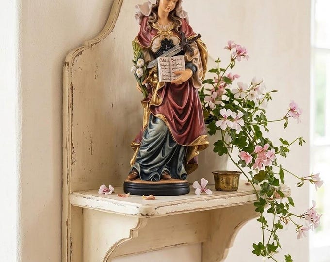 Statue of Saint Sophia carved from Valgardena wood and hand-decorated, handcrafted in Italy.
