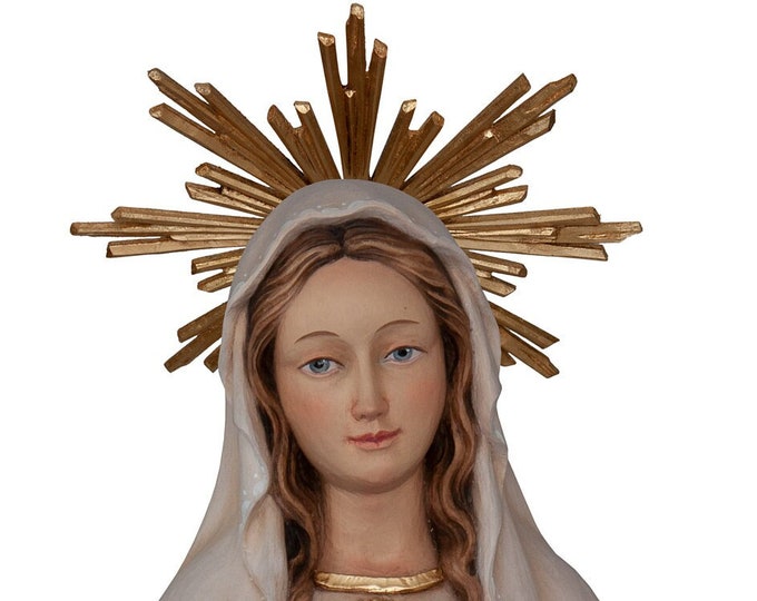 Statue of the Madonna Sacred Heart of Mary with halo, carved in Valgardena wood, hand-decorated, Italian artisan production